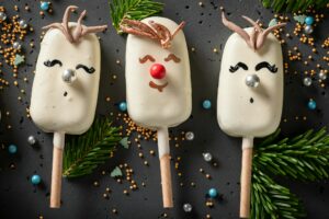 Homemade popsicles looking like cute Christmas reindeer.